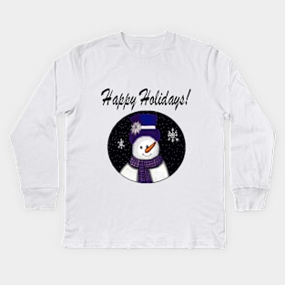 Blue Snowman Happy Holidays Kids Long Sleeve T-Shirt